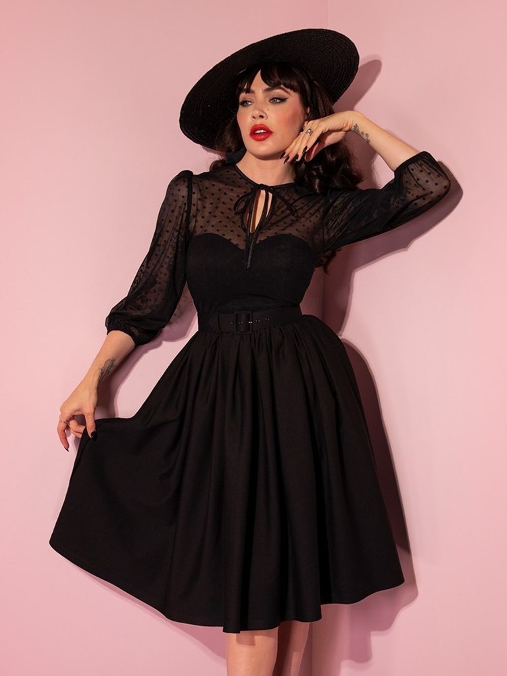 Vixen By Micheline Pitt Frenchie Swing Dress EUC Polka Dot Mesh